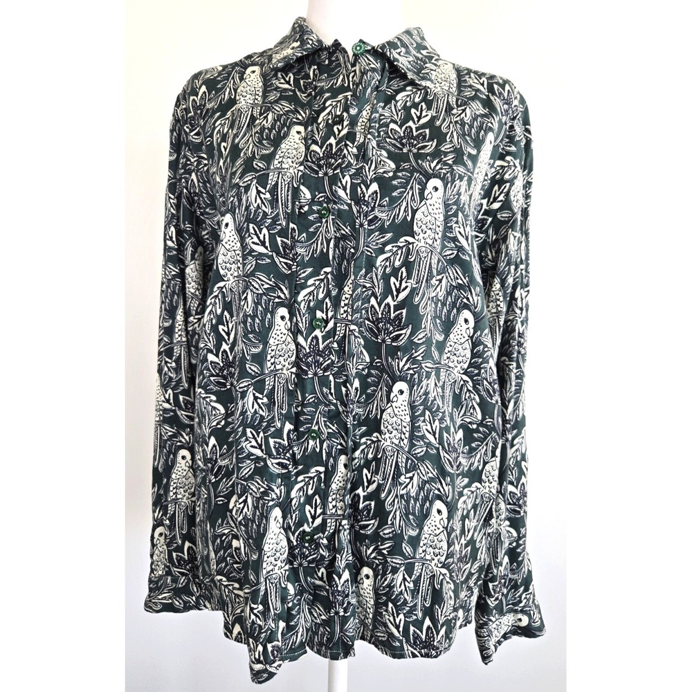 Acote Bird Floral Print Blouse Shirt Made in Bulgaria Sage Green Long Sleeves